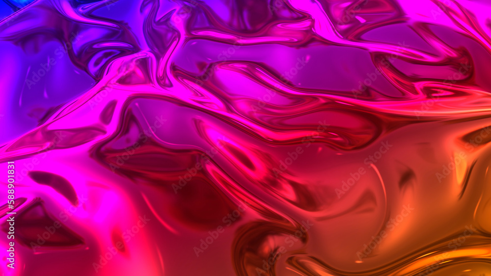 Fototapeta premium 3D render beautiful folds of foil with gradient iridescent blue red color in full screen, as clean fabric abstract background. Simple soft material with crease like waves on liquid surface. 137