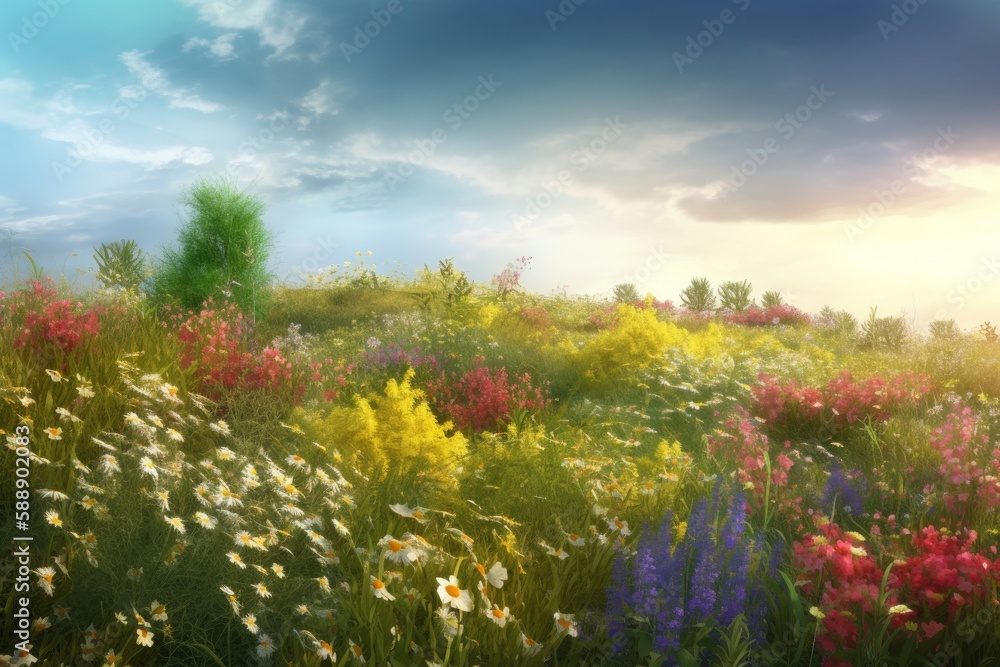 Field of wild flowers on sunset. Generate Ai