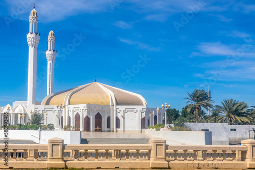 Hassan Enany golden domed mosque with palms in foreground, Jeddah, Saudi Arabia