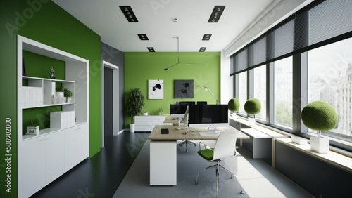 Bringing the Outdoors In: A Modern Office Space with a Splash of Green,generative ai