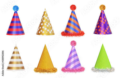 Fényképezés Assortment of paper party hats isolated on transparent background