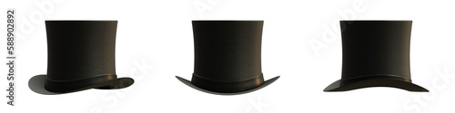 Classic black top hat from different angles isolated on transparent background. 3D rendering photo