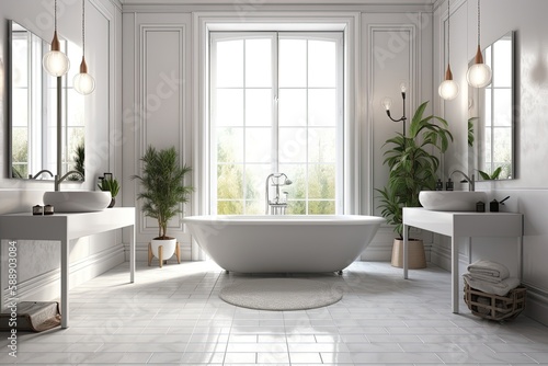 Interior of a white bathroom with two sinks  a big mirror  a rug on the tiled floor  and a window. a mockup. Generative AI
