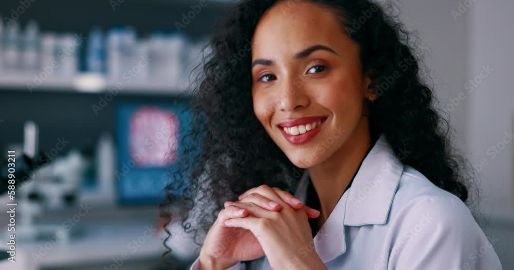 Scientist, woman in laboratory and face with smile, medical research and innovation, science study and pathology. Portrait, happy female doctor and scientific experiment with healthcare professional Scientist, woman in laboratory and face with smile, medical research and innovation, science study and pathology. Portrait, happy female doctor and scientific experiment with healthcare professional
