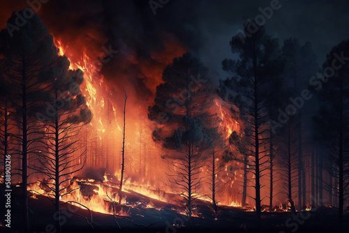 Large forest fire at night. AI generated illustration. photo