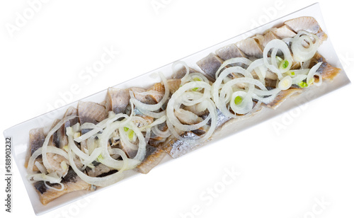 Appetizing raw herring with onion slices served on platter. Isolated over white background