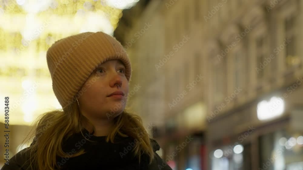 Girl Looking Around The Illuminated Street Girl Looking Around The Illuminated Street