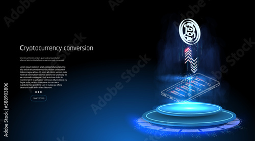 International currency transfer, payment via smartphone, contactless payment. The exchange of bitcoins to dollars. The currency conversion process. 