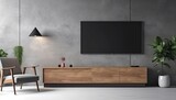 Wall mounted tv and wooden cabinet with gray armchair in modern living room the concrete wall. Generative AI.