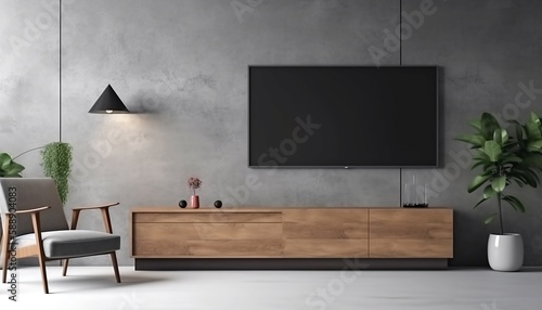 Wall mounted tv and wooden cabinet with gray armchair in modern living room the concrete wall. Generative AI.