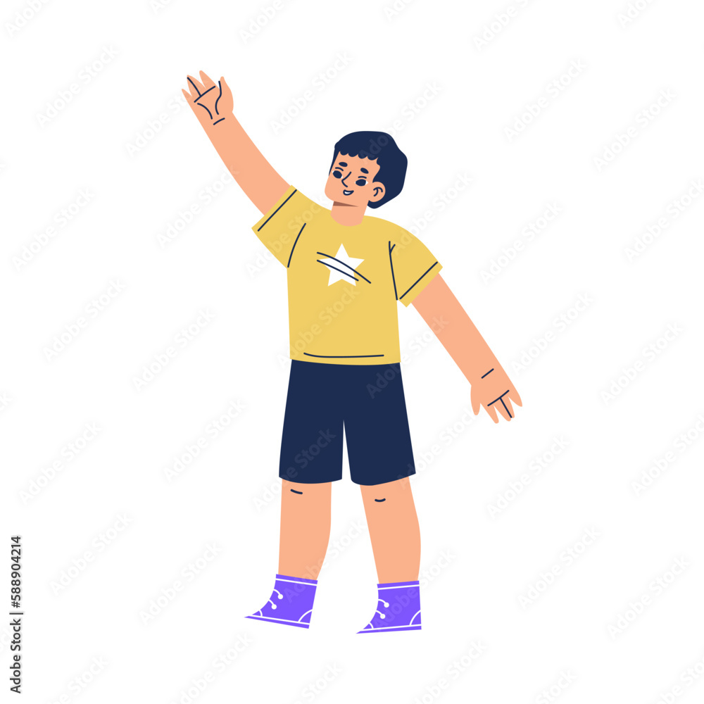 Happy Little Boy with Raised Hand Standing and Smiling Vector Illustration Happy Little Boy with Raised Hand Standing and Smiling Vector Illustration