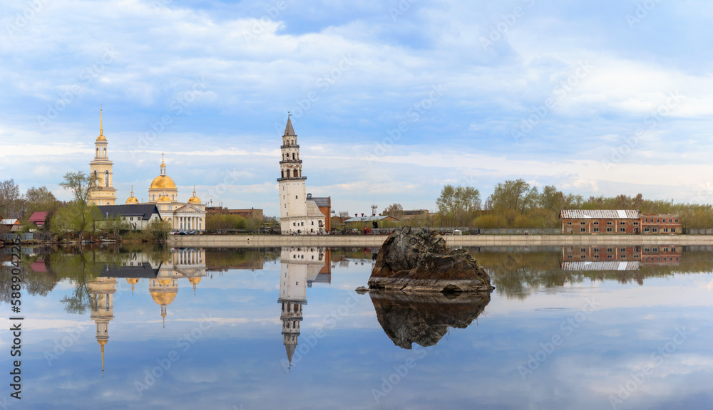 Leaning Tower and pond in Neviyansk panorama
