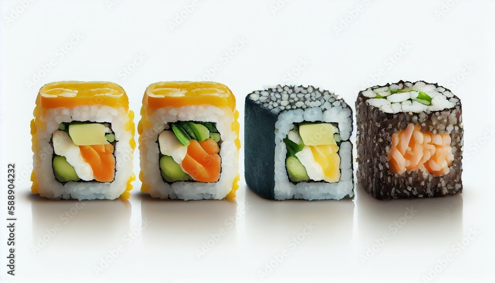 Horizontal sushi rolls set assortment isolated on white background. Asian food composition. Generative AI illustration Horizontal sushi rolls set assortment isolated on white background. Asian food composition. Generative AI illustration