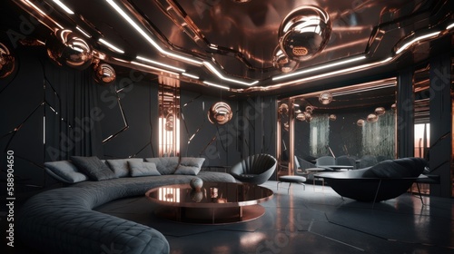 Rose Gold & Dark Gray: A Stunning Luxury Futuristic Interior with Unique Digital Art & Award-Winning Design in 8K HD Quality, Generative AI