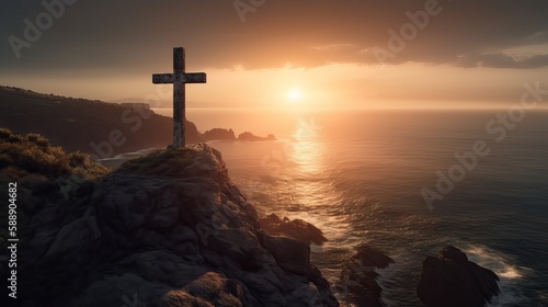 Christian Jesus Cross Rocky Mountain Cliff Ocean Sunset Generative AI