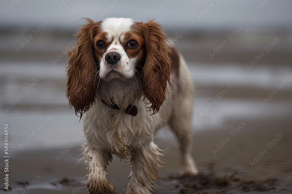 Wet Cavalier King Charles spaniel stands on the seashore in the early rainy morning, created with Generative AI