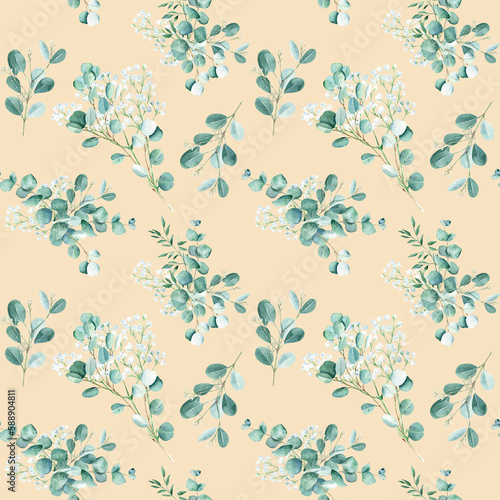 Seamless watercolor pattern with eucalyptus, gypsophila and pistachio branches on beige background. Can be used for gift wrapping paper, kitchen textile and fabric prints.