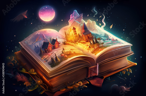 Open book filled with bright adventures with magic kingdom, glowing moon, mountain and flowers on a dark background, created with Generative AI