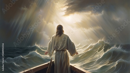 Jesus Standing at Front of Boat Stormy Ocean Oil Painting Generative AI