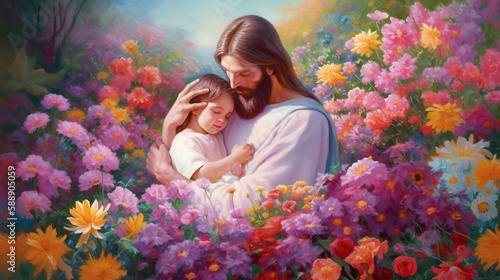 Jesus Holding Little Child Colorful Flowers Surrounding Scene Generative AI