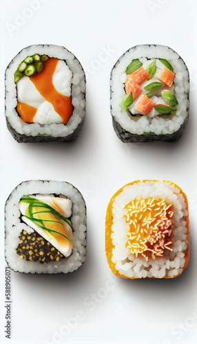 Vertical sushi maki rolls set isolated on white background. Asian food composition, close-up. Generative AI illustration