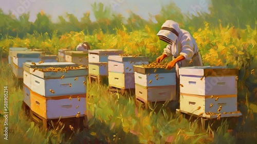 Beekeeper Tending Beehives Beautiful Nature Oil Painting Generative AI