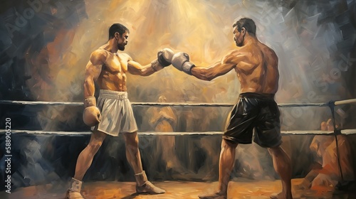 Two Boxers Facing Off Boxing Ring Oil Painting Intense Generative AI