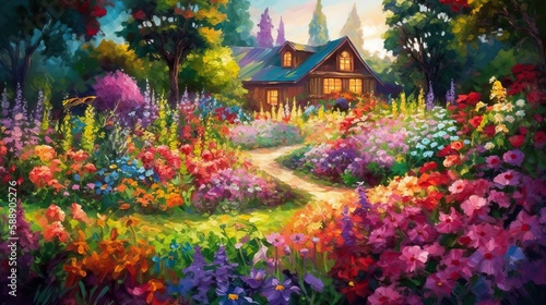 Wooden House Beautiful Colorful Flower Garden Oil Painting Generative AI