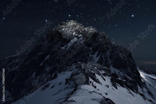 snowy mountain landscape under a starry night sky. Generative AI