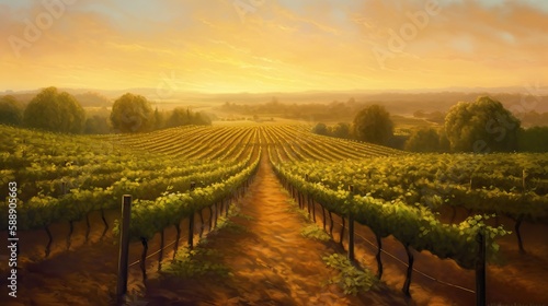 Lush Vineyard Rows Grapevines Farmland Sunset Oil Painting Picturesque Generative AI