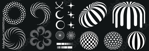Set in retro psychedelic style of the 2000s with elements and geometric shapes patterns, zembra donut. Surreal circles, stars, balls.