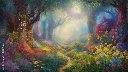 Magical Fantasy Dream Forest Oil Painting Enchanted Woods Generative AI