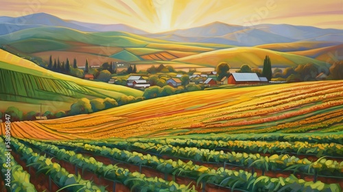 Beautiful Farming Farmland Sunset Oil Painting Tranquil Countryside Generative AI