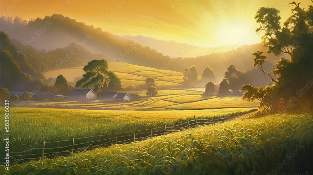 Golden Sunrise Lush Rolling Farmland Oil Painting Serene View Generative AI