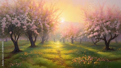 Beautiful Orchard Full Bloom Oil Painting Picturesque Scenery Generative AI