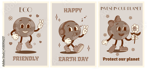 Happy groovy planet characters in old classic cartoon style of 1960s 1970s. Set monochrome posters or cards for Earth Day. Concept protect planet. Flat vector illustration. Monochrome palette