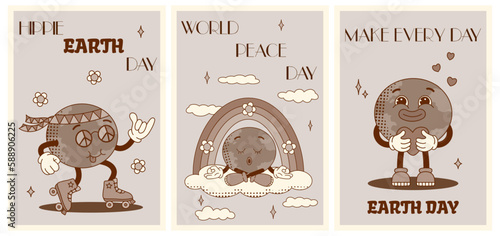 Collection monochrome posters with quotes for Earth Day. Groovy planet characters in vintage cartoon style of 60s 70s. Concept happy Earth. Make every day earth day. Flat vector illustration.