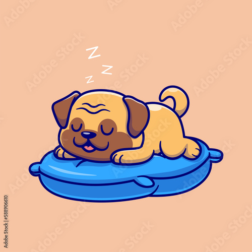 Cute Pug Dog Sleeping On Pillow Cartoon Vector Icon Illustration. Animal Nature Icon Concept Isolated Premium Vector. Flat Cartoon Style