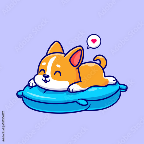 Cute Corgi Dog Sleeping On Pillow Cartoon Vector Icon Illustration. Animal Nature Icon Concept Isolated Premium Vector. Flat Cartoon Style