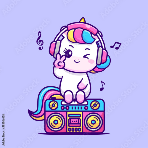 Cute Unicorn Listening Music On Boombox Cartoon Vector Icon Illustration. Animal Music Icon Concept Isolated Premium Vector. Flat Cartoon Style