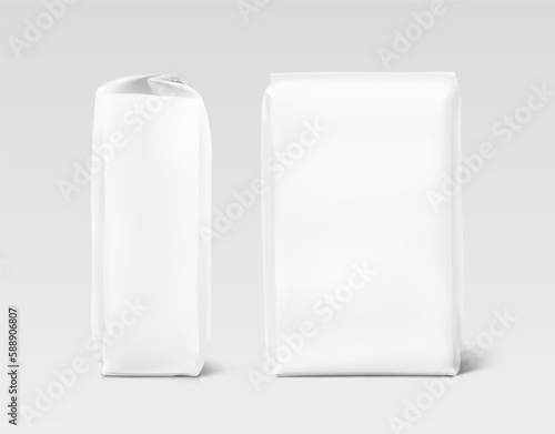 High realistic paper bag mockup. Front and side view. Vector illustration. Ready for use in presentation, promo, advertising on any backgrounds. EPS10.	