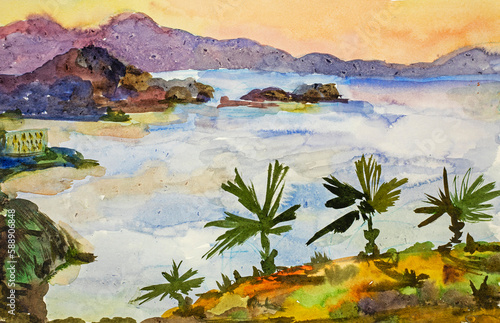 hand drawn watercolor illustration sunset on the sea with palm trees
