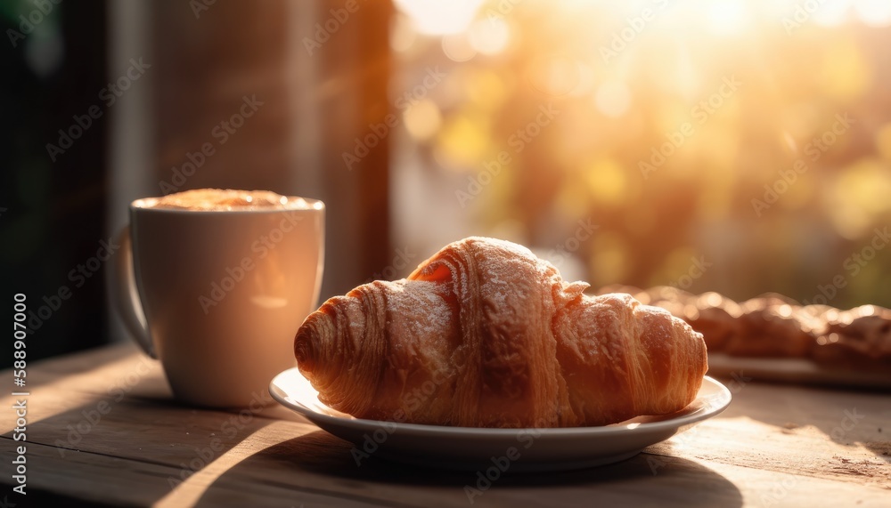 Croissant and coffee on the table. Sunny morning, street view in the background. Generative AI Croissant and coffee on the table. Sunny morning, street view in the background. Generative AI