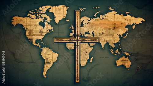 The holy cross of Jesus Christ, world map, global missions and evangelism. Generative AI