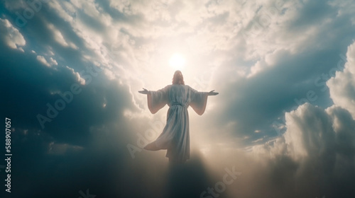 Resurrected Jesus Christ reaching out with open arms in the sky, heaven and cross, love and salvation concept. Generative AI
