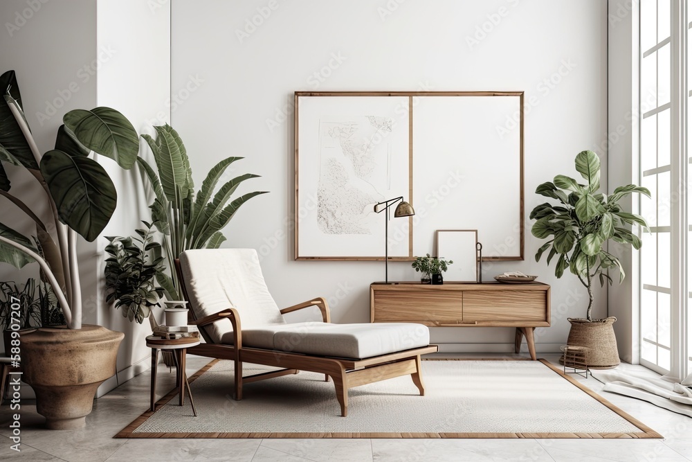Fototapeta premium A minimalist living room design with a copy area, plant, vintage recliner, dried tropical leaf, decoration, and chic personal items. Template. Generative AI