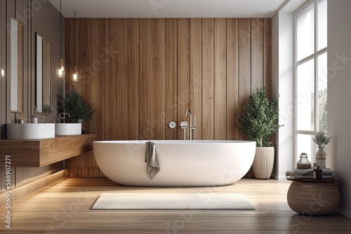 Bathroom with white and wooden walls and a white bathtub on a wooden floor. a lateral view a mockup. Generative AI