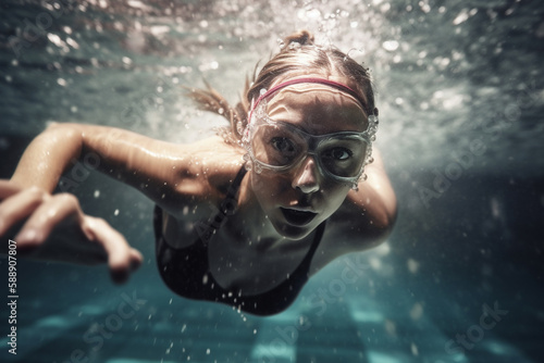 Female swimmer at the swimming pool.Underwater photo