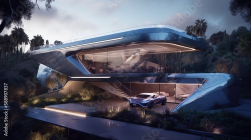 Futuristic Living: A Geometric Home with Automated Interior, Robotic Assistants, and Elevated Platform for Electric Car, Generative AI © Georgy