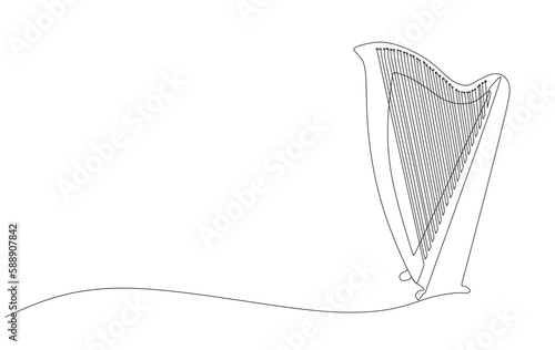 One line drawing of harp musical instrument. continuous line drawing musical acoustic instrument harp with strings. Vector illustration